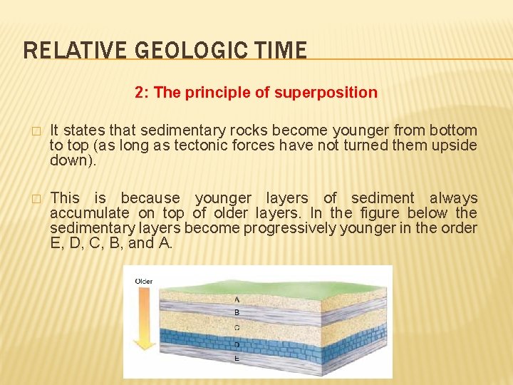 RELATIVE GEOLOGIC TIME 2: The principle of superposition � It states that sedimentary rocks