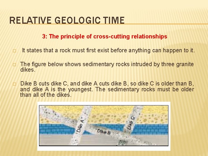 RELATIVE GEOLOGIC TIME 3: The principle of cross-cutting relationships � It states that a