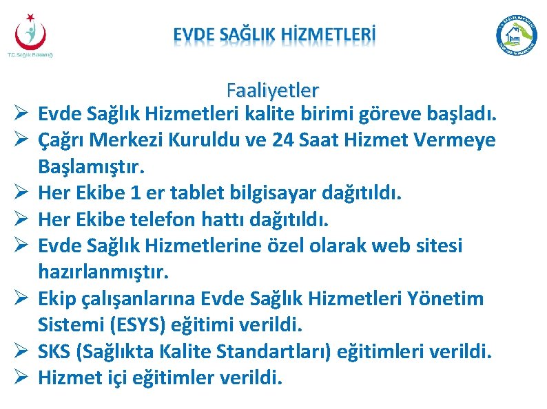  Faaliyetler Evde Sağlık Hizmetleri kalite birimi göreve başladı. Çağrı Merkezi Kuruldu ve 24