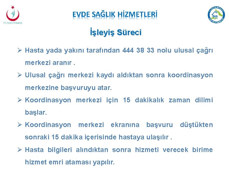 İşleyiş Süreci Hasta yada yakını tarafından 444 38 33 nolu ulusal çağrı merkezi aranır.