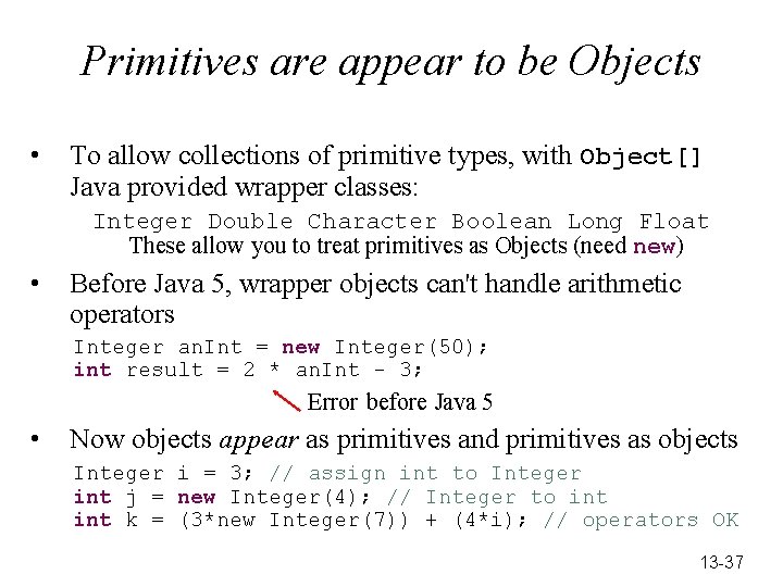 Primitives are appear to be Objects • To allow collections of primitive types, with