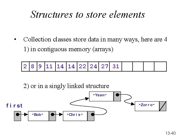 Structures to store elements • Collection classes store data in many ways, here are