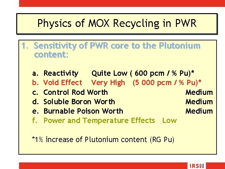 Physics of MOX Recycling in PWR 1. Sensitivity of PWR core to the Plutonium