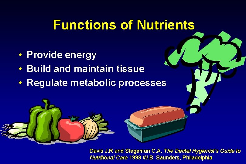 Functions of Nutrients • Provide energy • Build and maintain tissue • Regulate metabolic