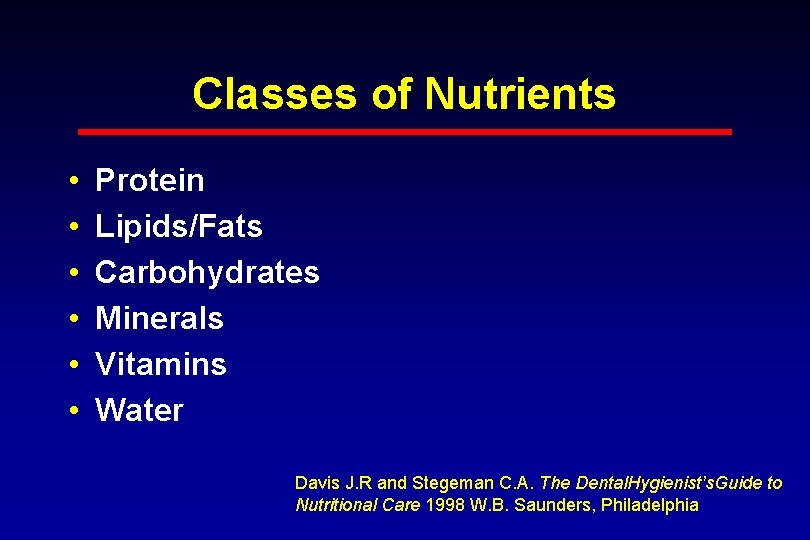 Classes of Nutrients • • • Protein Lipids/Fats Carbohydrates Minerals Vitamins Water Davis J.