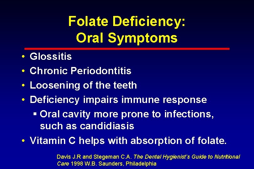 Folate Deficiency: Oral Symptoms • • Glossitis Chronic Periodontitis Loosening of the teeth Deficiency