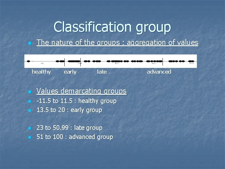 Classification group n The nature of the groups : aggregation of values healthy n Classification group n The nature of the groups : aggregation of values healthy n