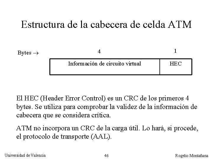 Estructura de la cabecera de celda ATM Bytes 1 4 Información de circuito virtual