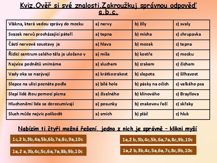 Kviz. Ověř si své znalosti. Zakroužkuj správnou odpověď a, b, c. Vlákna, která vedou