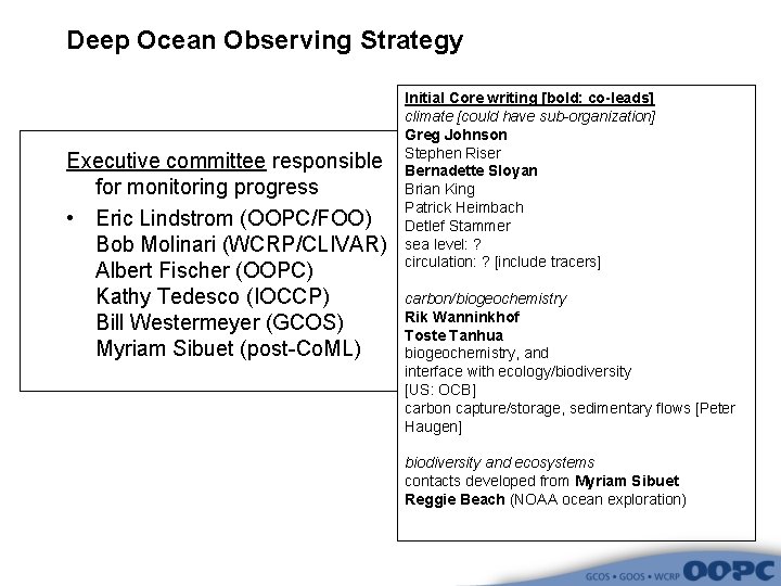 Deep Ocean Observing Strategy Executive committee responsible for monitoring progress • Eric Lindstrom (OOPC/FOO)