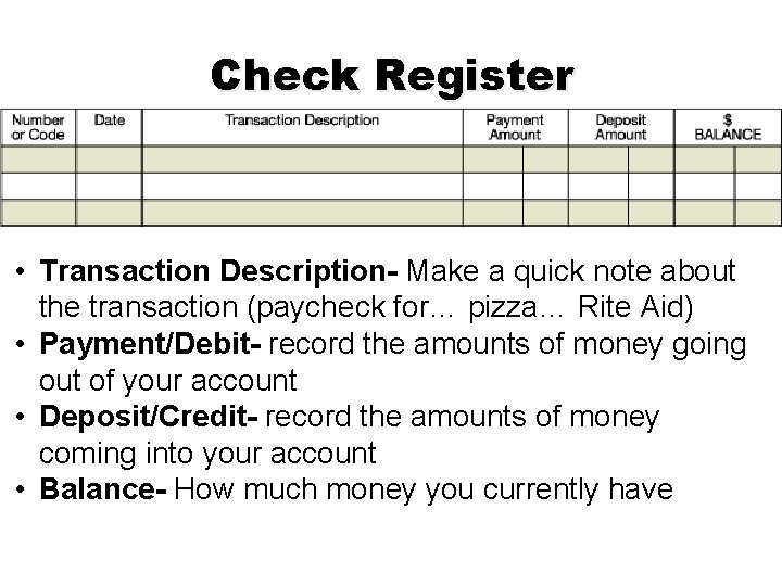 Check Register • Transaction Description- Make a quick note about the transaction (paycheck for…