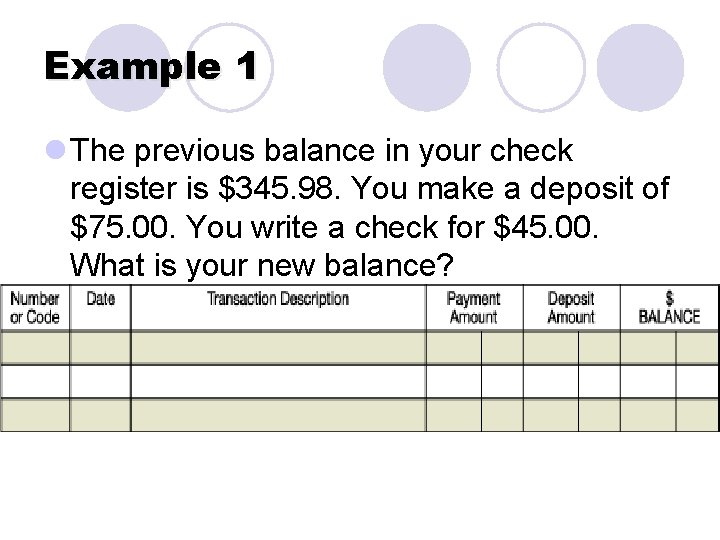 Example 1 l The previous balance in your check register is $345. 98. You