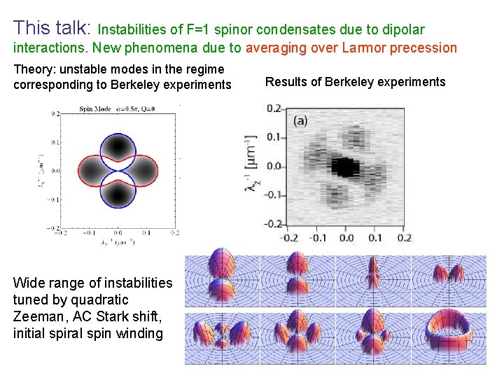 This talk: Instabilities of F=1 spinor condensates due to dipolar interactions. New phenomena due