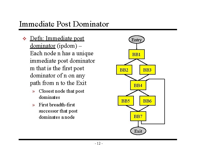 Immediate Post Dominator v Defn: Immediate post dominator (ipdom) – Each node n has
