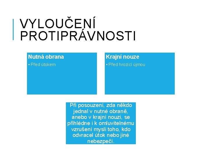 VYLOUČENÍ PROTIPRÁVNOSTI Nutná obrana Krajní nouze • Před útokem • Před hrozící újmou Při