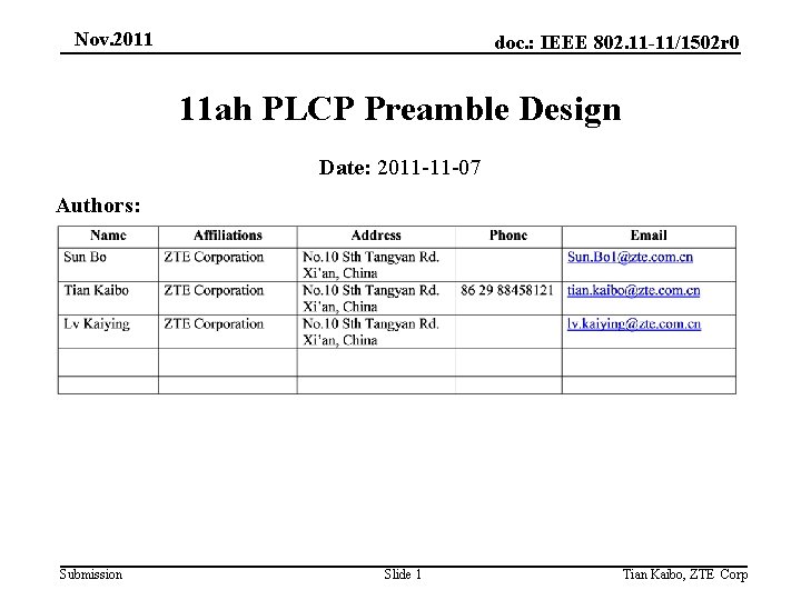 Nov. 2011 doc. : IEEE 802. 11 -11/1502 r 0 11 ah PLCP Preamble