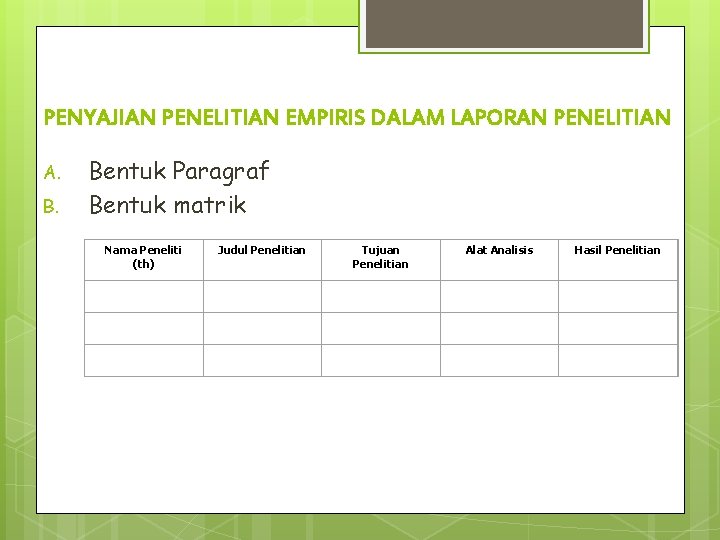 PENYAJIAN PENELITIAN EMPIRIS DALAM LAPORAN PENELITIAN A. B. Bentuk Paragraf Bentuk matrik Nama Peneliti