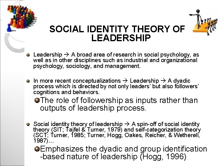 SOCIAL IDENTITY THEORY OF LEADERSHIP Leadership A broad area of research in social psychology,