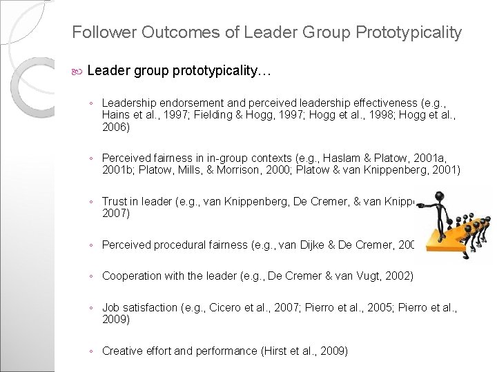 Follower Outcomes of Leader Group Prototypicality Leader group prototypicality… ◦ Leadership endorsement and perceived
