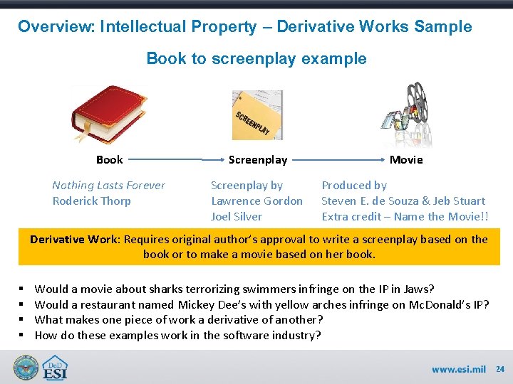 Overview: Intellectual Property – Derivative Works Sample Book to screenplay example Book Screenplay Movie