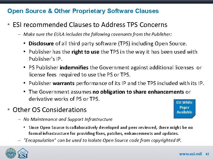 Open Source & Other Proprietary Software Clauses • ESI recommended Clauses to Address TPS