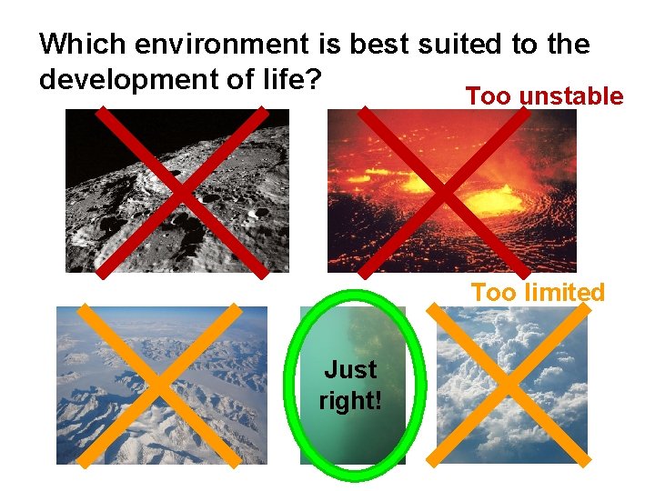 Which environment is best suited to the development of life? Too unstable Too limited Which environment is best suited to the development of life? Too unstable Too limited