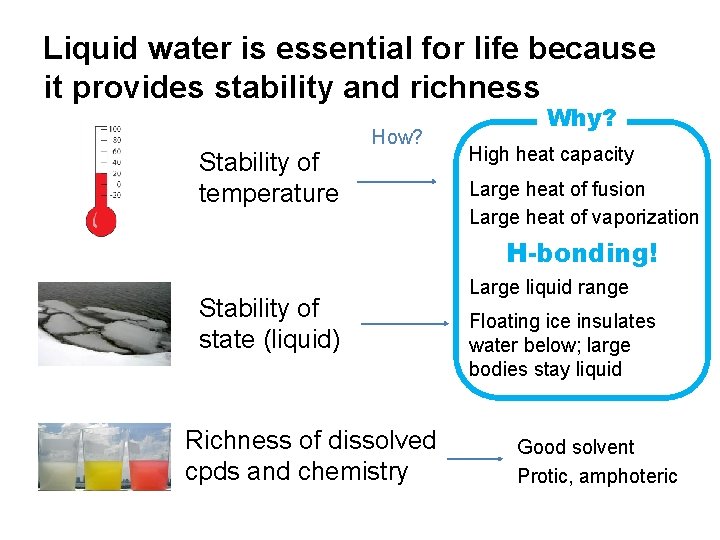 Liquid water is essential for life because it provides stability and richness Stability of Liquid water is essential for life because it provides stability and richness Stability of