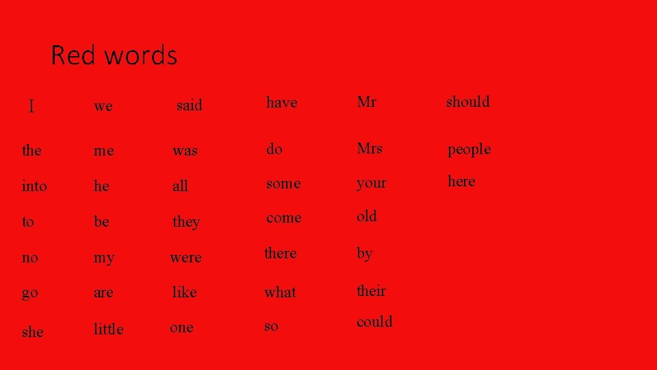 Red words I we said have Mr should the me was do Mrs people