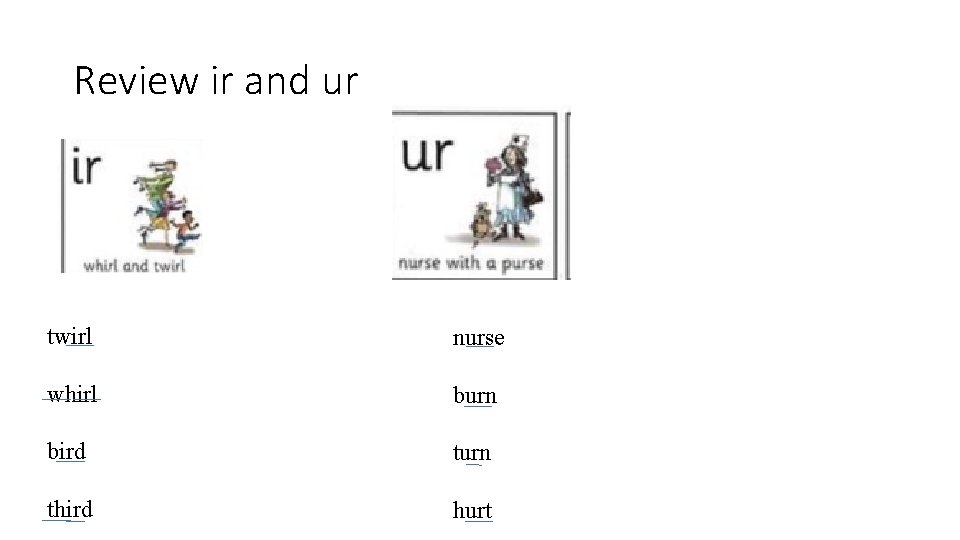 Review ir and ur twirl nurse whirl burn bird turn third hurt 