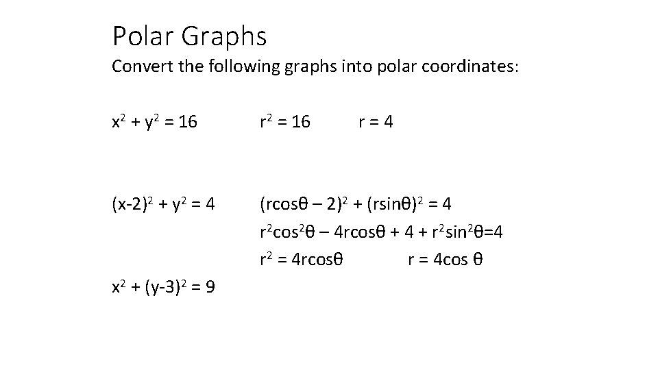 Polar Graphs Convert the following graphs into polar coordinates: x 2 + y 2