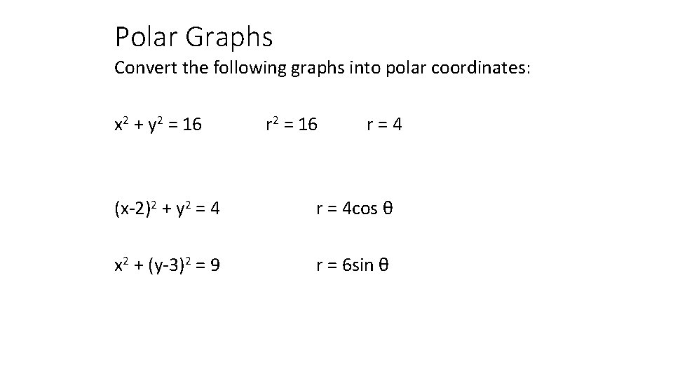 Polar Graphs Convert the following graphs into polar coordinates: x 2 + y 2