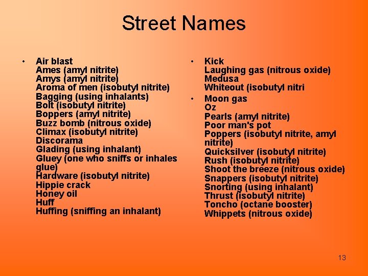 Street Names • Air blast Ames (amyl nitrite) Amys (amyl nitrite) Aroma of men