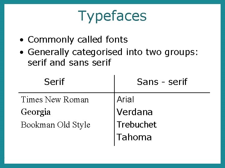 Typefaces • Commonly called fonts • Generally categorised into two groups: serif and sans