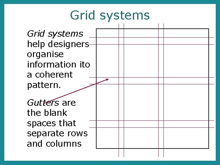 Grid systems help designers organise information ito a coherent pattern. Gutters are the blank