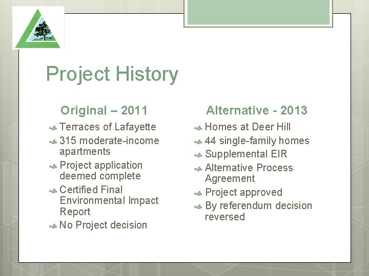 Project History Original – 2011 Terraces of Lafayette 315 moderate-income apartments Project application deemed