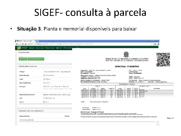 SIGEF- consulta à parcela • Situação 3. Planta e memorial disponíveis para baixar 
