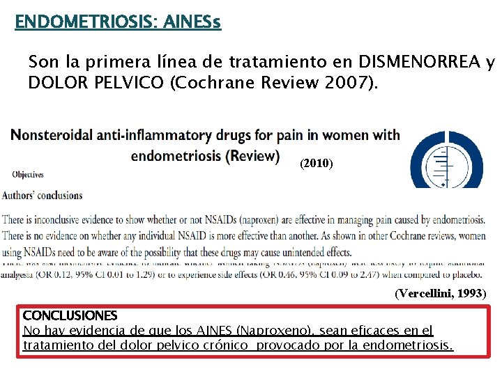 ENDOMETRIOSIS: AINESs Son la primera línea de tratamiento en DISMENORREA y DOLOR PELVICO (Cochrane