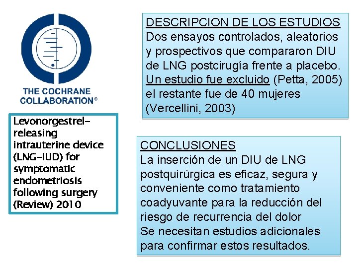 Levonorgestrelreleasing intrauterine device (LNG-IUD) for symptomatic endometriosis following surgery (Review) 2010 DESCRIPCION DE LOS