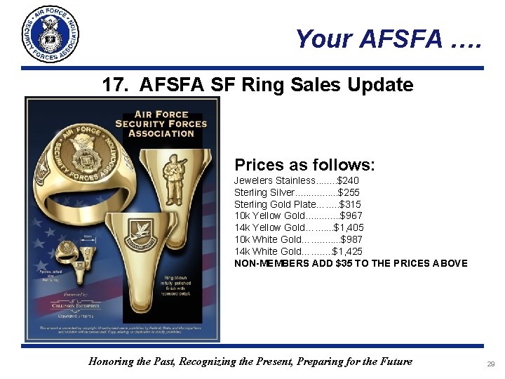 Your AFSFA …. 17. AFSFA SF Ring Sales Update Prices as follows: Jewelers Stainless. Your AFSFA …. 17. AFSFA SF Ring Sales Update Prices as follows: Jewelers Stainless.
