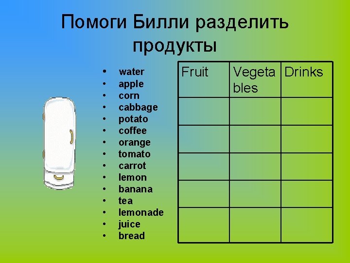 Помоги Билли разделить продукты • • • • water apple corn cabbage potato coffee