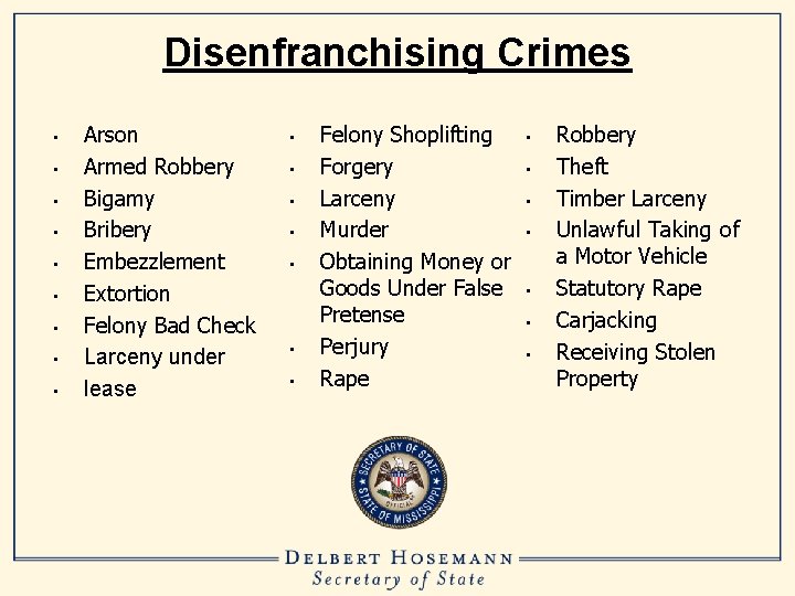 Disenfranchising Crimes • • • Arson Armed Robbery Bigamy Bribery Embezzlement Extortion Felony Bad