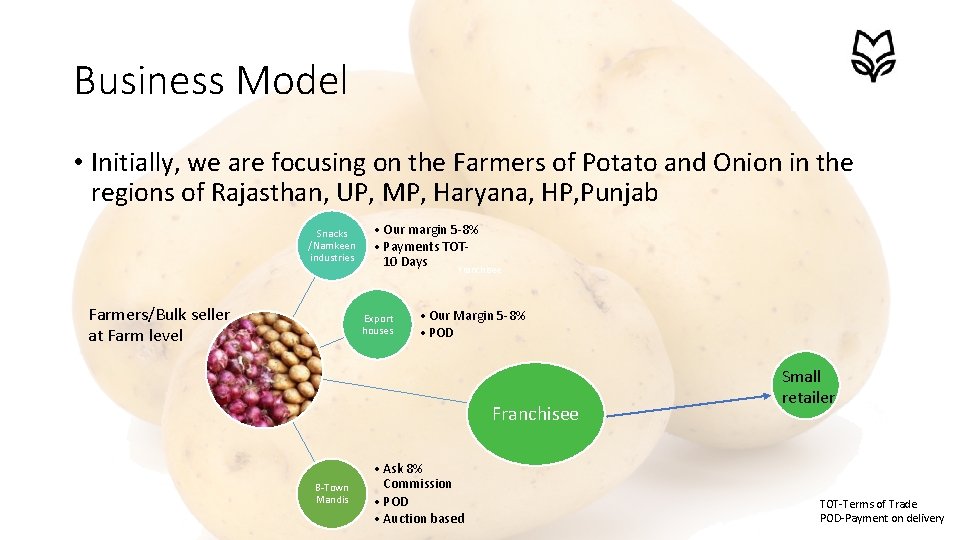 Business Model • Initially, we are focusing on the Farmers of Potato and Onion