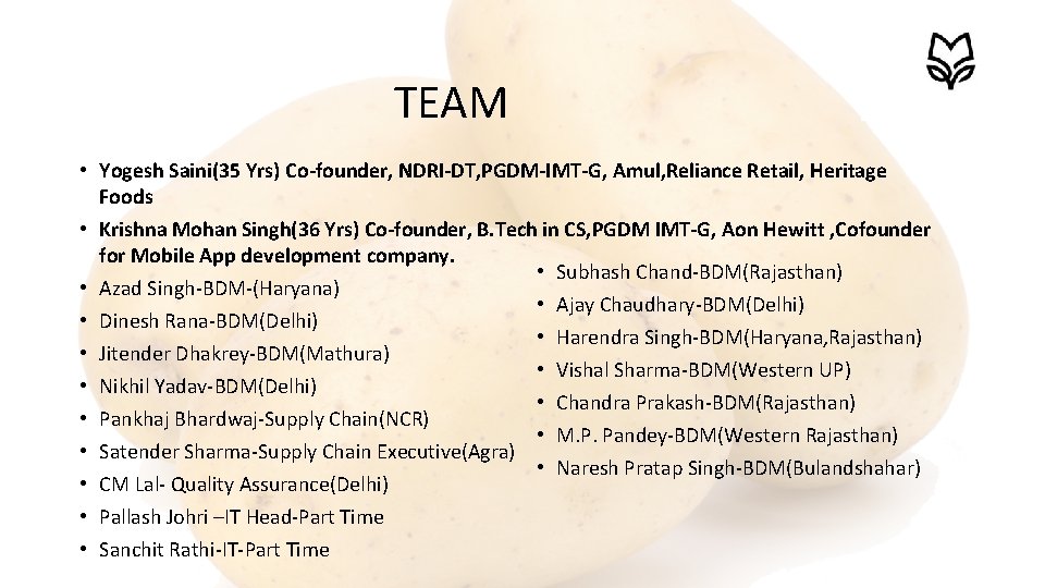 TEAM • Yogesh Saini(35 Yrs) Co-founder, NDRI-DT, PGDM-IMT-G, Amul, Reliance Retail, Heritage Foods •