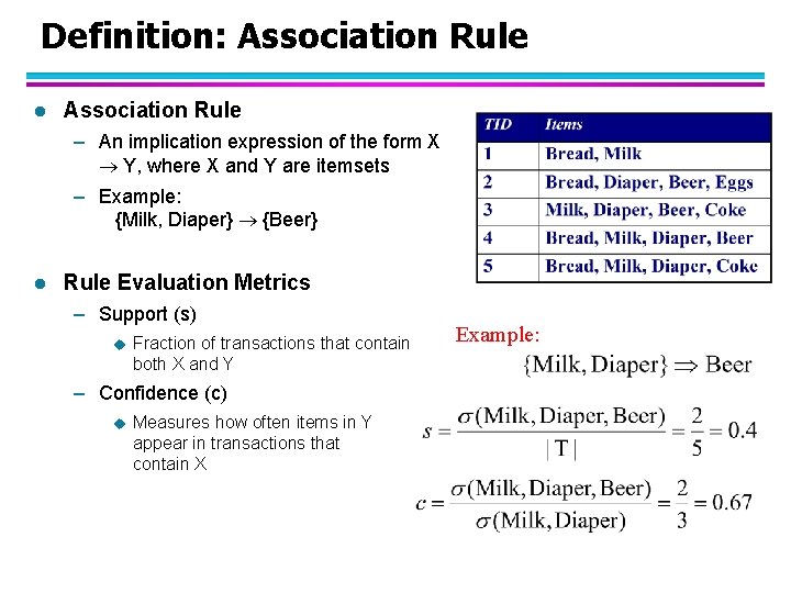 Definition: Association Rule l Association Rule – An implication expression of the form X