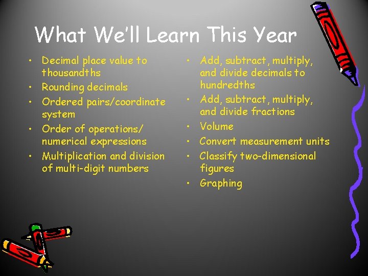 What We’ll Learn This Year • Decimal place value to thousandths • Rounding decimals