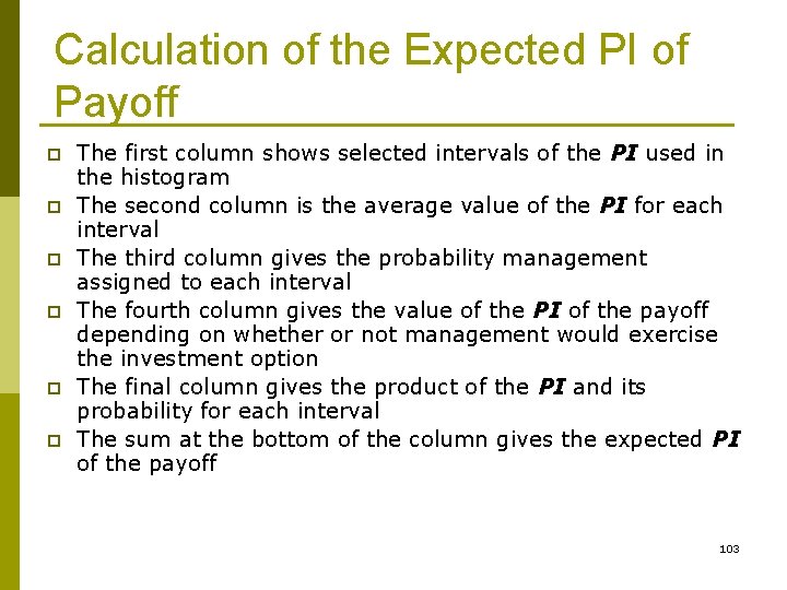 Calculation of the Expected PI of Payoff p p p The first column shows