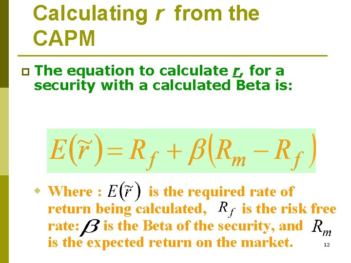 Calculating r from the CAPM p The equation to calculate r, for a security