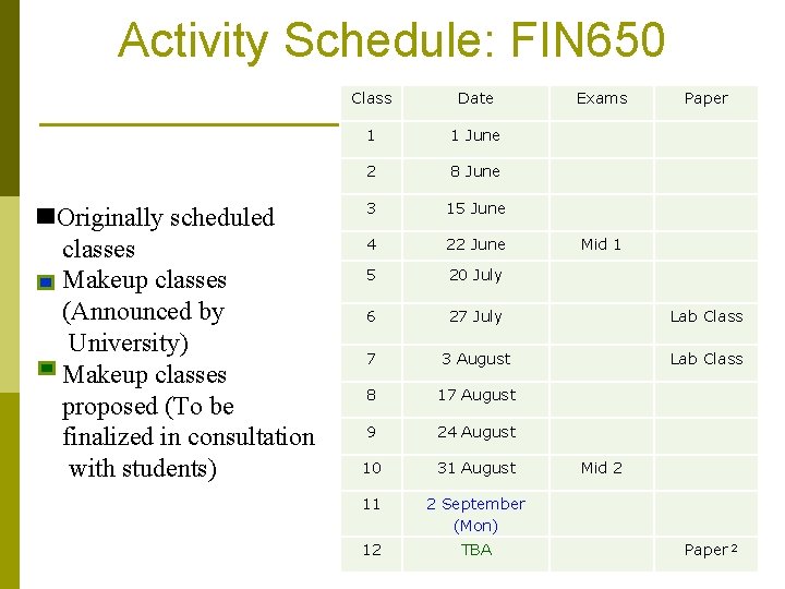 Activity Schedule: FIN 650 Originally scheduled classes Makeup classes (Announced by University) Makeup classes
