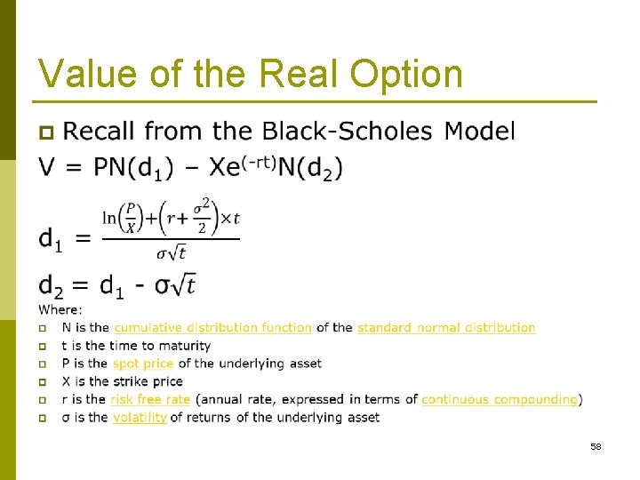 Value of the Real Option p 58 