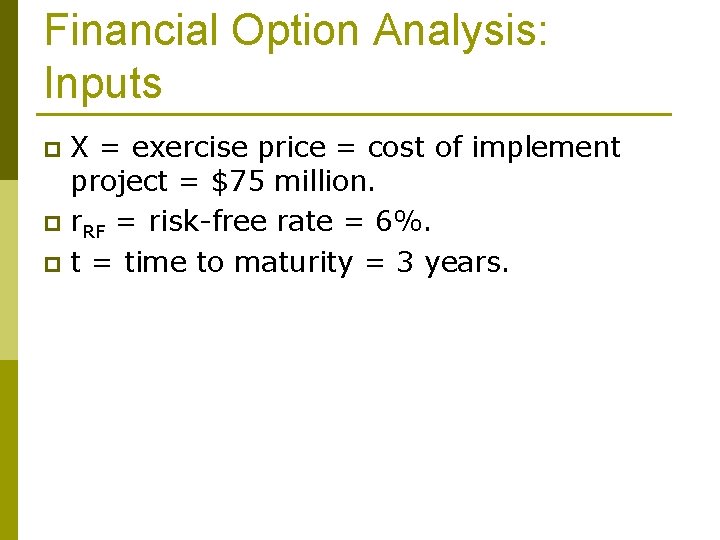 Financial Option Analysis: Inputs X = exercise price = cost of implement project =